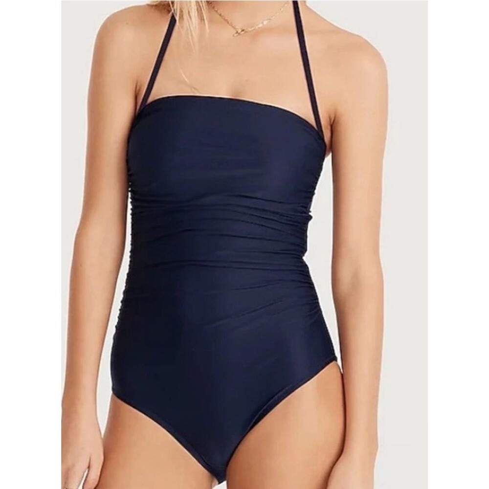 J. Crew Navy Blue Ruched Bandeau One Piece Swimsuit Halter Strap Size Medium